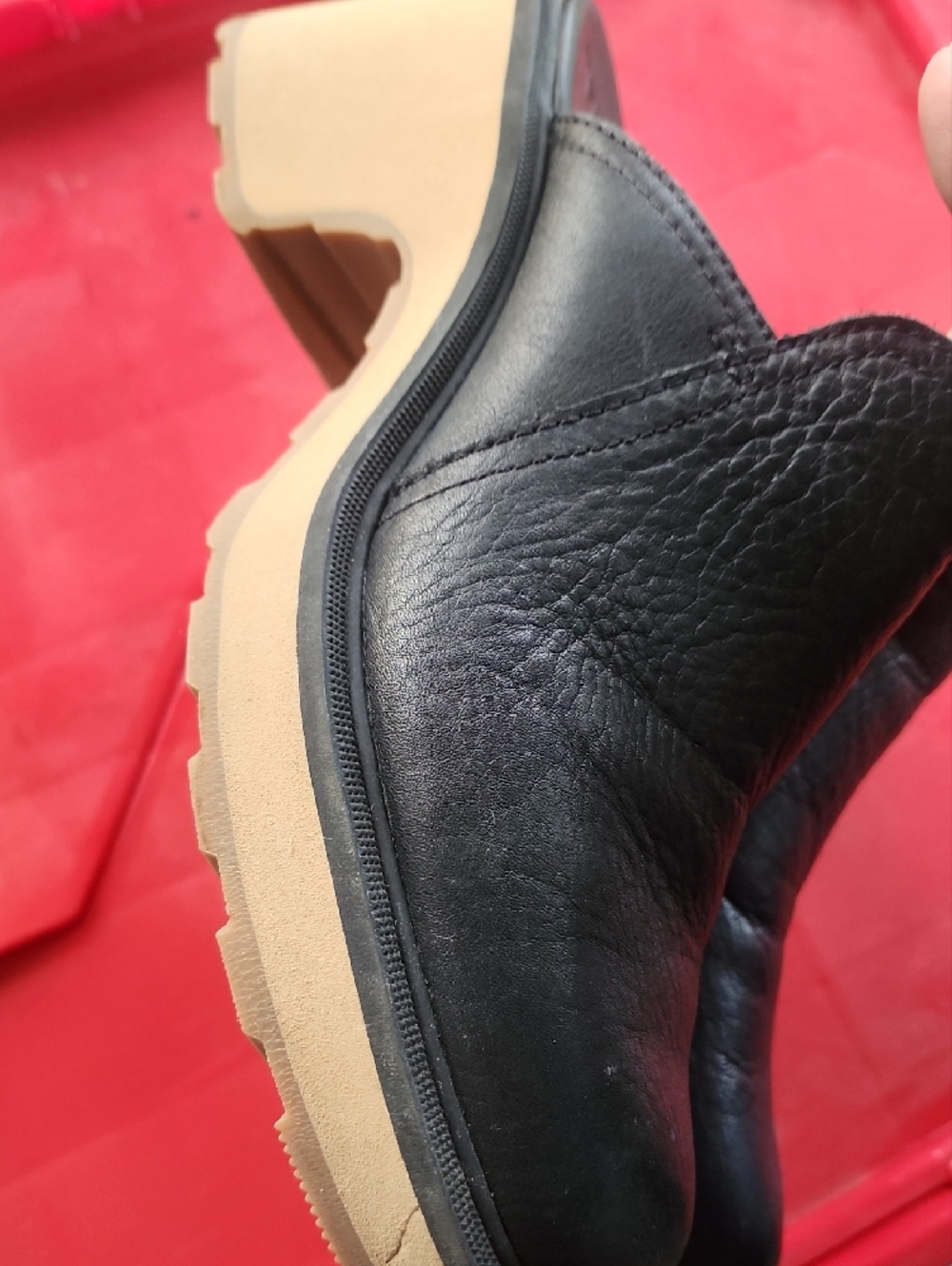 Black Sorel Leather Slip-On Mule with Tan Platform Heel - Picture 3 of 7